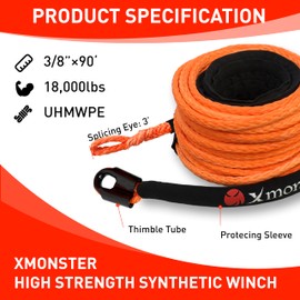 Xmonster UHMWPE Synthetic Winch Rope 3/8"" x 90' (18,000 lbs) Off Road for with 3/8"" x 20' Soft Shackles (35,000lbs), Orange, A015-XM38