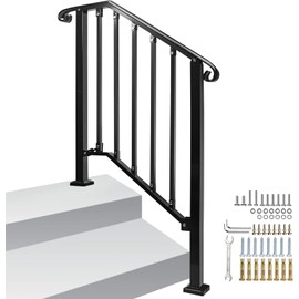 Zwinz Adjustable Handrails for Outdoor Steps, Handrail Picket #2 Fits 2 or 3 Steps, Mattle Wrought Iron Handrail, Stair Rail with Installation Kit for Outdoor Steps