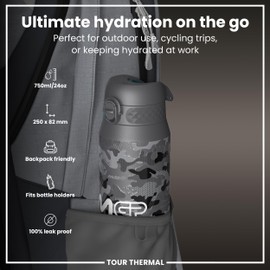 ION8 Thermal Water Bottle 750 ml/24 oz Leak-Proof & BPA Free Insulated Drinking Bottle, Triple Lock Lid to Prevent Spills, Vacuum Insulated ThemoShield Stainless Steel, Carry Handle, MotoGP Camo