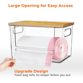 Trash Bag Holder Dispenser, Acrylic Garbage Bag Dispenser with Bamboo Top, Extra Large Trash Bag Dispenser Under Sink for Kitchen, Pantry, Laundry Room, Cabinet Organizer and Storage (1 PACK)