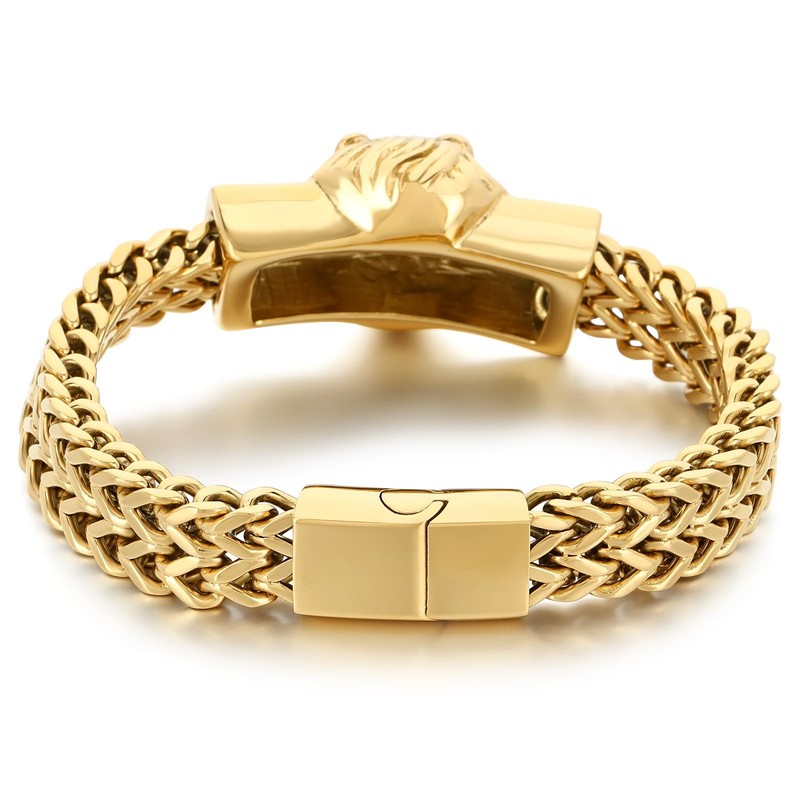 Klapgo Lion Head Men's Bracelet Gold Tone Stainless Steel Cuban