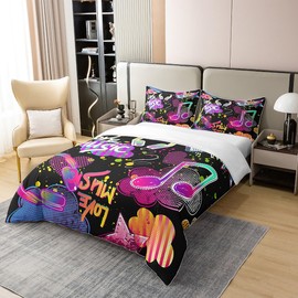 jejeloiu Music Duvet Cover 100% Cotton,Soft Headphones Square Bedspread Cover,Grunge Art Musical Theme Colorful Bedding Sets,Queen Size1 Panel