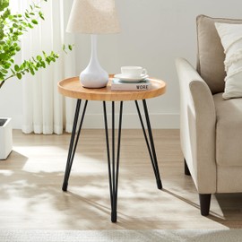 Danya B. Tadao Raised Lip Edge Side Table with Modern Black Metal Hairpin Legs - Round - Bamboo