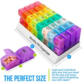 Monthly Pill Organizer 2 Times a Day, 30 Day One Month Pill Box Case with Tray, Medication Organizer Monthly with 31 Removable AM PM Compartments to Hold Fish Oil, Vitamins, Supplements