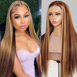 AUOU Honey Blonde Ombre Lace Front Wig Human Hair 4/27 Highlight Straight Human Hair Wig 13x6 Lace Front Wigs Pre Plucked Glueless HD Lace Frontal Wigs for Women 200 Density 26 Inch