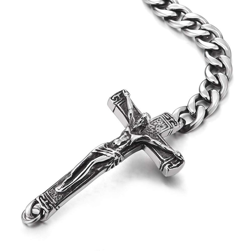 COOLSTEELANDBEYOND Mens Steel Vintage Jesus Christ Crucifix Horizontal Sideway Lateral