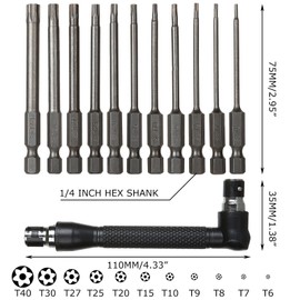 AHUNTTER 11 Pieces T6-T40 Torx Screwdriver Sets 75mm S2 Steel Star Screwdriver Set 1/4 Inch Hex Shank Security Screwdriver with Angle Screwdriver Bit Holder for Screwdrivers