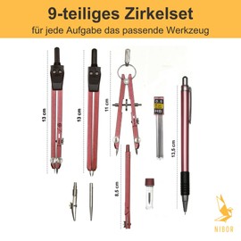 NIBOR Premium Compass Set in Beautiful Colours, Durable, 9-Piece Geometry Set, Suitable for Creating Precision, Red