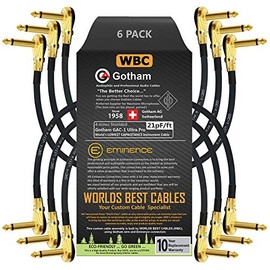 6 Units - 12 Inch - Gotham GAC-1 Ultra Pro - Low-Cap (21pF/ft) Guitar Bass Effects Instrument, Patch Cable & Gold (6.35mm) Low-Profile R/A Pancake Type Connectors - Custom Made by WORLDS BEST CABLES
