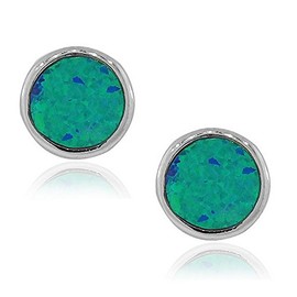 925 Sterling Silver Blue Simulated Opal Round Stud Earrings