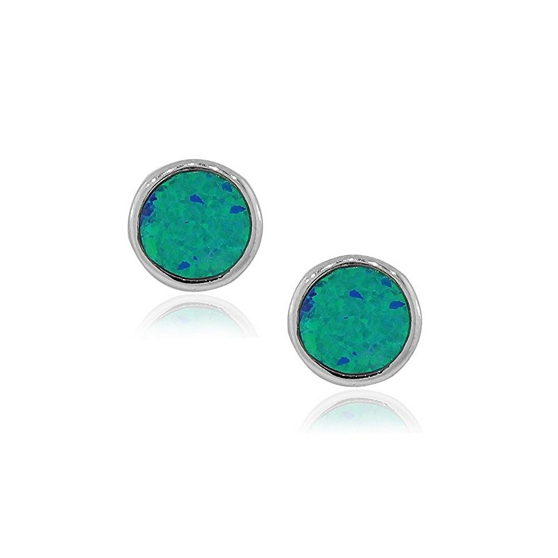 925 Sterling Silver Blue Simulated Opal Round Stud Earrings