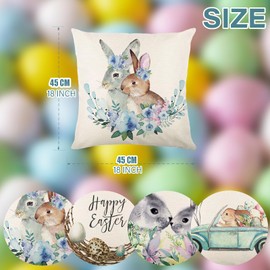 KIKISML Pack of 4 Easter Cushion Covers, Cotton Linen Print, Easter Decorative Cushion Covers, 45 x 45 cm, Easter Cushion Covers, Happy Easter Decorative Cushion Cover, Sofa Cushion, Easter Decoration