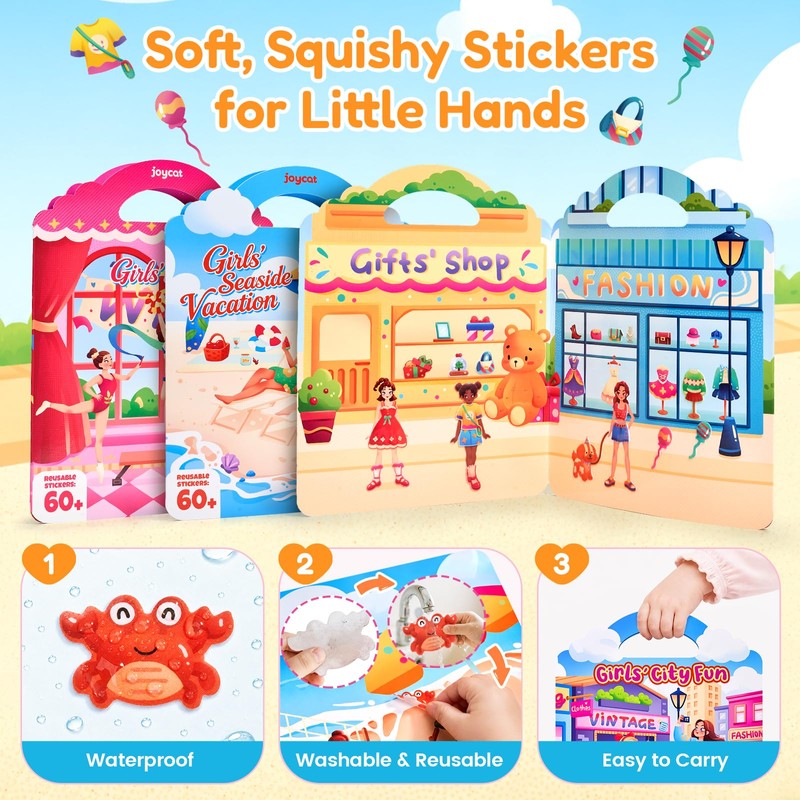 JoyCat Reusable Dress Up Sticker Books, 3-Pack, City Seaside Dreams