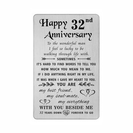 TANWIH 32nd Anniversary Card for Husband - 32 Years Down Forever to Go - 32 Year Wedding Anniversary Card Gifts for Him Men, Engraved Metal Wallet Card