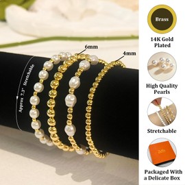 Zeffy Gold Beaded Bracelets for Women Dainty Baroque Pearl Stackable14K Gold Plated Stretch Bead Ball Bracelet Set Trendy Jewelry Gifts 4pcs