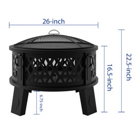 Fire Beauty 26" Steel Fire Pit with Grill & Diamond Mesh Design,360° Airflow Tech for 80% Less Smoke,XL Flames,Heavy-Duty Portable Outdoor Fire Bowl for Camping, Backyard, Beach (22lbs, 4 Handles)
