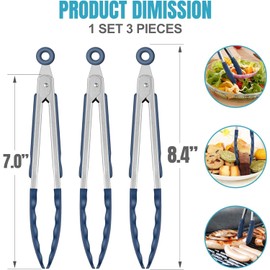 Hotec Mini Silicone Kitchen Tongs for Cooking - 7-Inch Small Serving Tongs with Silicone Tips, Set of 3 (Classic Blue)