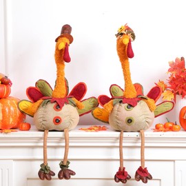WinnerWhy 2 Pcs Giant Thanksgiving Turkey Table Decoration 31.8" 30.2" Turkey Couple Doll Retractable Neck Plush Stuffed Turkeys Stretchable Sitting Home Decor for Fall Autumn Harvest Thanksgiving