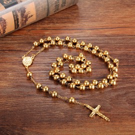 Cupimatch Mens Stainless Steel Beaded Rosary Jesus On The Cross Pendant Necklace with Crucifix and Medal
