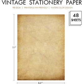 48 Pack Antique Vintage Stationary Paper, 8.5"x 11" Parchment Paper for Writing and Printing, Double Sided Antique Old Aged Scrapbook for Journal, Calligraphy, Invitations and Certifications