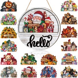 Yousoontic 17 Pcs 12 Inch Magnetic Welcome Door Sign Interchangeable Front Door Decor Rustic Christmas Seasonal Hanging Sign Winter Decor for Home Warming Gift(Lovely Color,Hello)