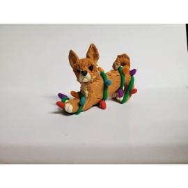 Celtic Forest Clay CHIHUAHUA Christmas Ornament TANGLED IN LIGHTS Fawn Red Long Hair HAND MADE