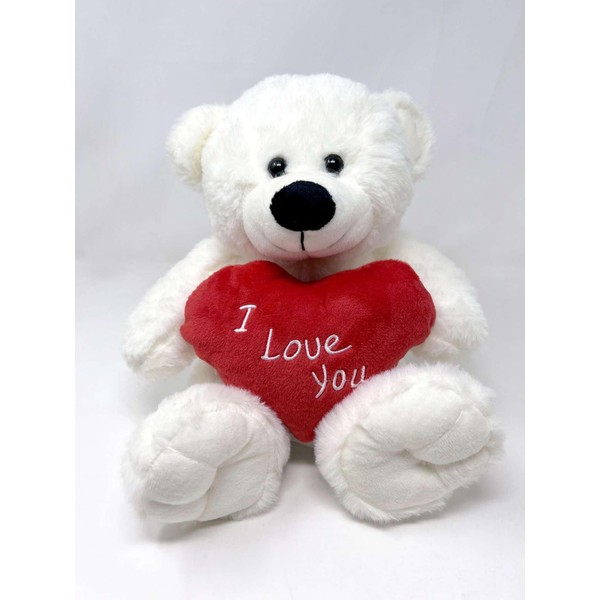 White Teddy Bear holding Red Heart with "I Love You"