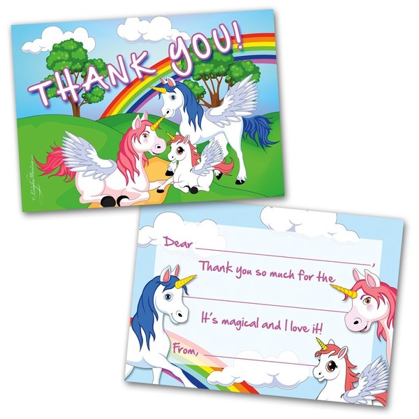 Thank You Cards | 20 Cards with Envelopes | Unicorns and Rainbows Themed | Made for Kids | Flat Style | Colorful Design | Thank You Greeting Cards | Kids Thank You Cards | Children Thank You Cards