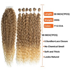 30 Inch Kinky Wave Hair, 6 Bundles with Lace Closure, 7 Piece/Pack, Ombre Brown Long Kinky Curly Hair Bundles, Heat Resistant Synthetic Hair Weave Extensions for Women (T12/22A # 30 Inches, 7 Pieces)