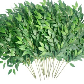 HUAHUA 20pcs Artificial Italian Ruscus Greenery Stems -Faux Green Leaf Garland Silk Greenery Leaves for DIY Wedding Arch Bouquet Filler Table Centerpieces Home Indoor Decor