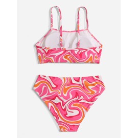 WDIRARA Girl's Swimwear Beach Sport All Over Marble Print 2 Piece Bikini Preppy Swimsuit Bathing Suits Pink and Orange 10-11Y