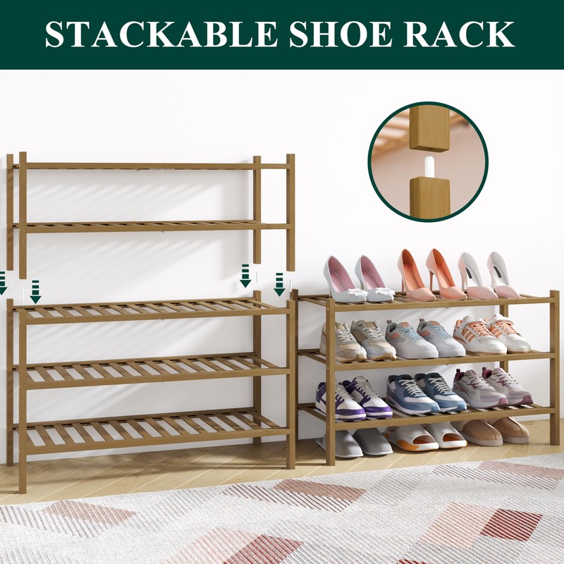 Smiry Bamboo Shoe Rack for Closet, 3 Tier Wooden Stackable