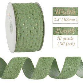 HUIHUANG Sage Green Ribbon Wired 2.5 inch Light Moss Faux Fur Wired Ribbon with Gold Polka Dot Fur Wire Ribbon for Christmas Trees, Bows, Wreaths, Garlands, Gift Wrapping, Home Decor- 10 Yards