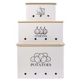 Kitchen Vegetable Storage Tins Set of 3 for Potato Onion & Garlic with Wooden Lid and Aerating Holes, Kitchen Storage Canisters Set, Vintage Kitchen Decor - White