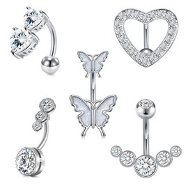 VFUN Belly Button Rings Butterfly 14G Reverse Heart Belly Piercing for Women Diamond CZ Banana Piercing Navel Belly Rings 10MM 5PCS - Silver