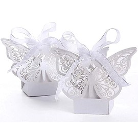 50 Pcs Butterfly Laser Cut Favor Boxes DIY Wedding Birthday Gift Candy Boxes with Ribbons (White)