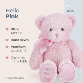 Bearington Pink Teddy Bear - 12" Fluffy and Cuddly First Teddy Bear for Baby with Premium Plush and Soft Fur - Adorable Stuffed Animals for Baby Girls Gift for Babies, Toddlers and Kids
