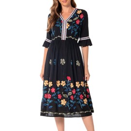 Shineflow Women's Short Sleeve Mexican Embroidered Floral Pleated Midi A-line Cocktail Dress(Black,L)
