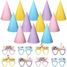 RoundFunny 24Pcs Blue Dog Birthday Party Supplies 12 Blue Dog Party Cone Hats and 12 Paper Sunglasses for Teens Adults Family(Pastel Style)
