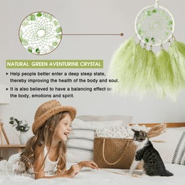 Mini Dream Catchers - Light Green Turkey Feathers with Natural Aventurine, Handmade Small Dreamcatcher for Bedroom, A Dream Catcher for Girls, Dream Catchers for Boys, Dream Catcher Wall Decor