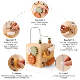 IEATFO 5 in 1 Wooden Activity Cube Play Center Bead Maze Leaves Shape Sorter Learning Montessori Toys for Toddlers 1-3 Early Educational Developmental Learning Toys for Kids