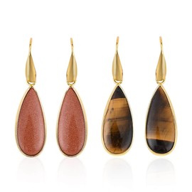 SHOP LC Set of 2 Stainless Steel ION Plated Yellow Gold Tigers Eye Sandstone Dangle Drop Earrings Jewelry Christmas Gifts for Women