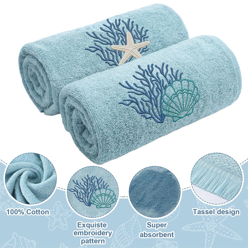 Breling 2 Pcs Summer Beach Hand Towels for Bathroom Blue