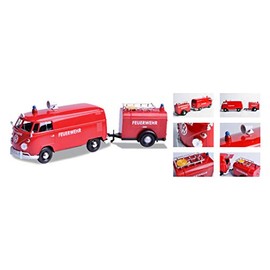 Volkswagen Type 2 (T1) Fire Van with Fire Fighting Trailer Feuerwehr Red 1/24 Diecast Model Car by Motormax 79671