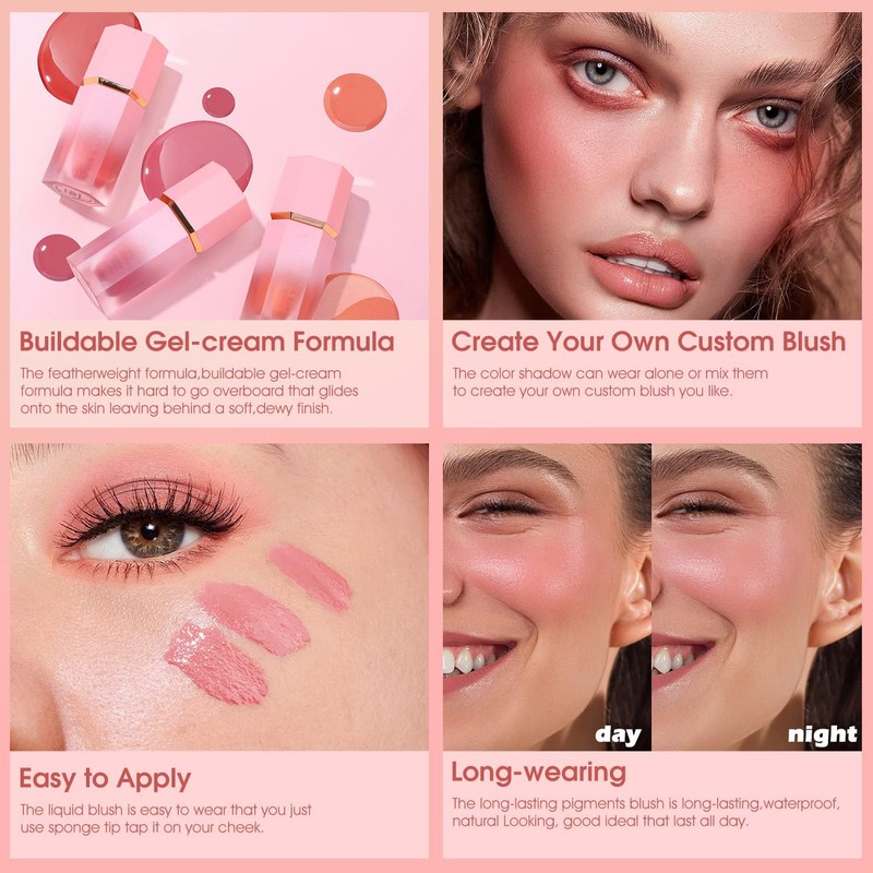 Cheek Gel Cream Liquid Blush, Soft, Lightweight, Breathable Feel, Long-Lasting,
