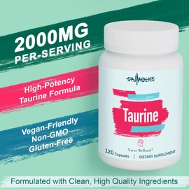 Gyumolics Taurine 2000mg - Amino Acid Supplement for Mental Focus & Cognitive Function - L-Theanine, Inositol, B6 & B12 - Non-GMO, Gluten-Free, Vegen - 120 Capsules