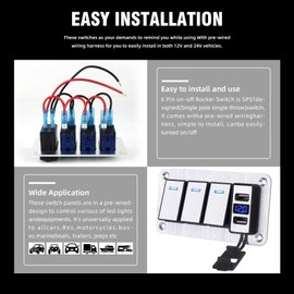 3 Gang Aluminum Rocker Switch Panel with 4.8 Amp Dual USB Charger Voltmeter Waterproof 12V 24V DC Rocker Switch with Stickers for Cars Trucks Boats RVs Silver