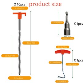 10-Pack 8" Heavy Duty Screw in Tent Stakes, Drill-in Non-Rust Ground Anchor Pegs, Metal Tent Accessories for Camping, Garden, Hiking, Orange
