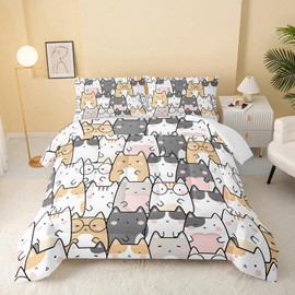 QOOMO Kawaii Cat Comforter Queen Size,Cats Comforter Set for Kids Teens Girls Boys,3Pcs Bedding Set Printed Comforter with 2 Pillowcases,Down Alternative,Soft and Lightweight，Queen Size