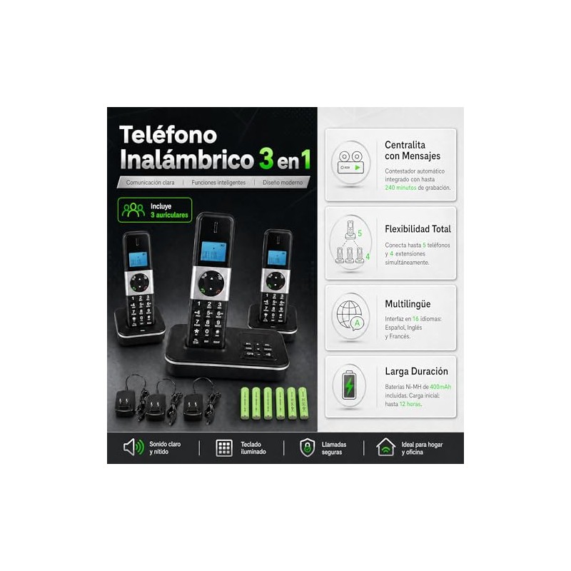 D1002 TAM-T Teléfono Inalámbrico de 3 Auriculares, con Contestador Automático
